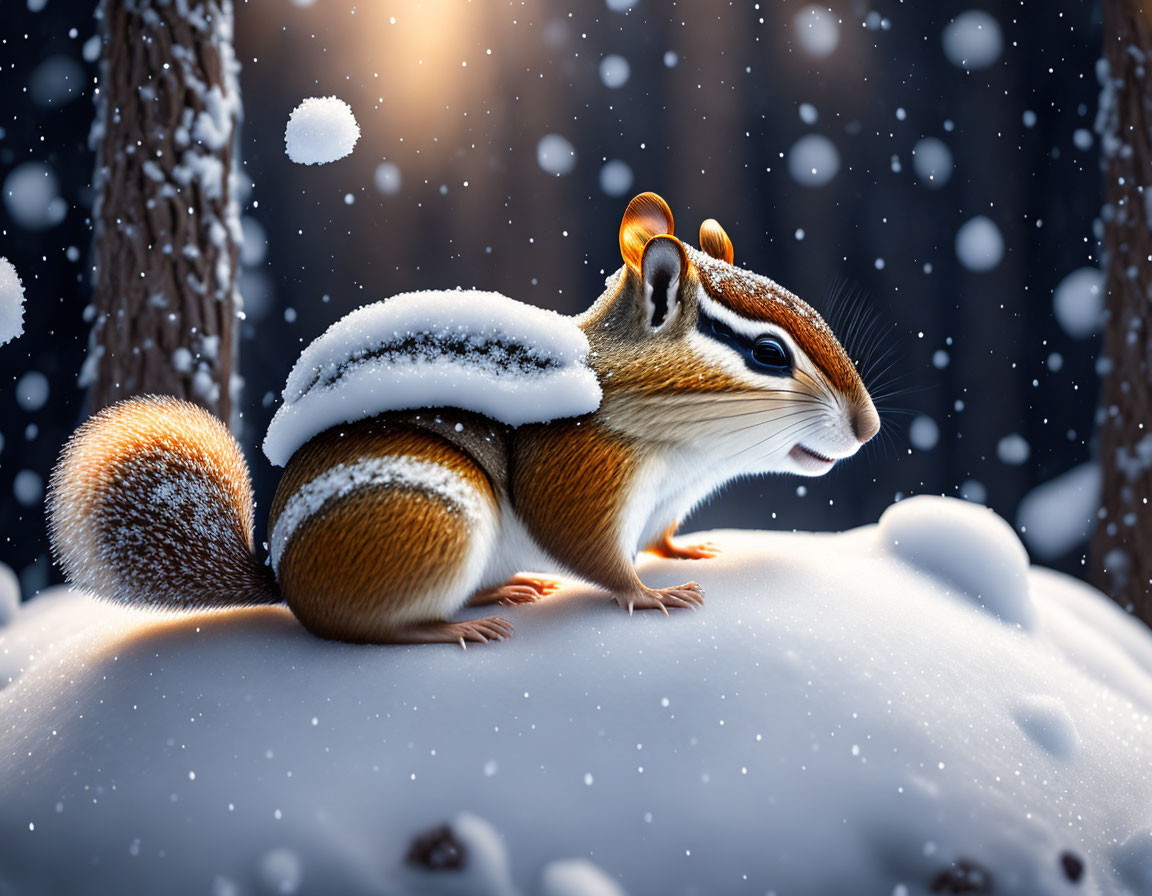 Snowy Chipmunk Sitting in Snowy Winter Scene