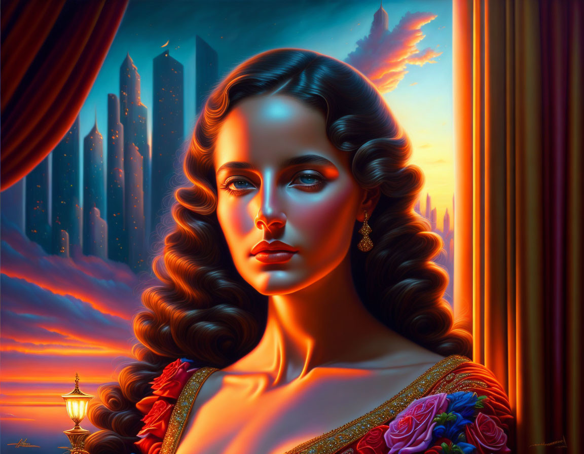 Digital artwork: Woman with wavy hair, gazing at city skyline and sunset through window