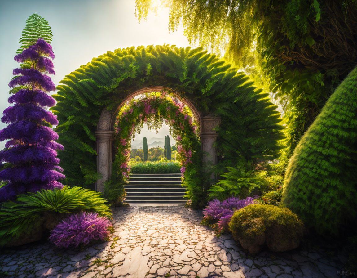 Stone archway with lush greenery, purple flora steps, distant mountains, soft light