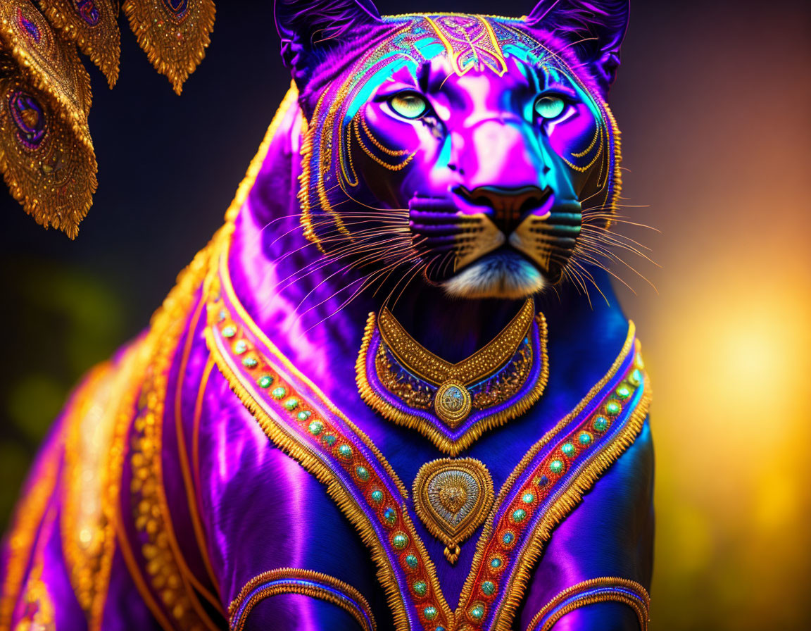 Digitally altered image: Leopard with human-like eyes in regal purple and gold attire