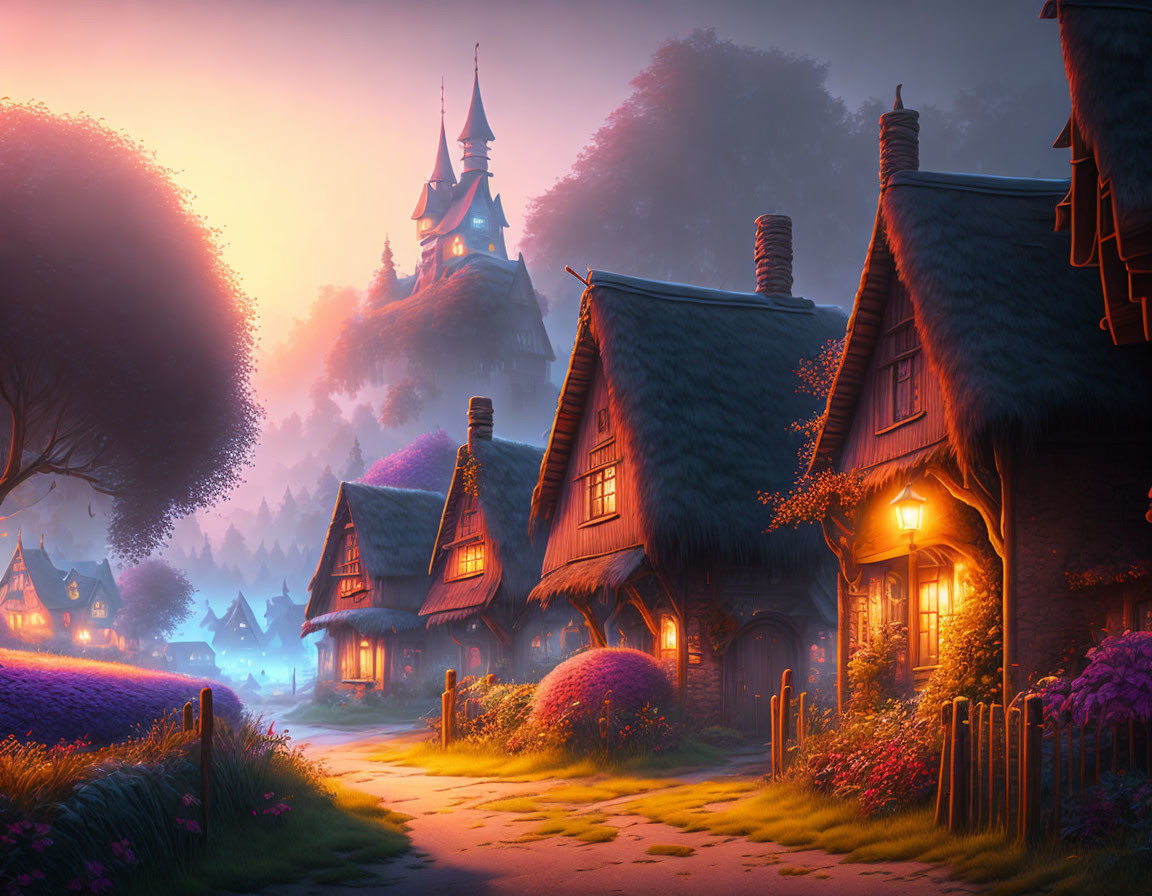 Enchanting fantasy village with thatched-roof cottages and magical castle