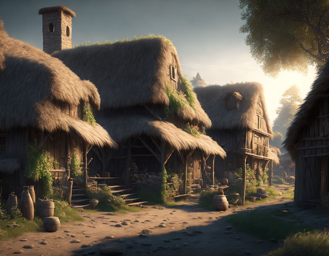 Tranquil village scene with thatched-roof cottages and cobblestone path