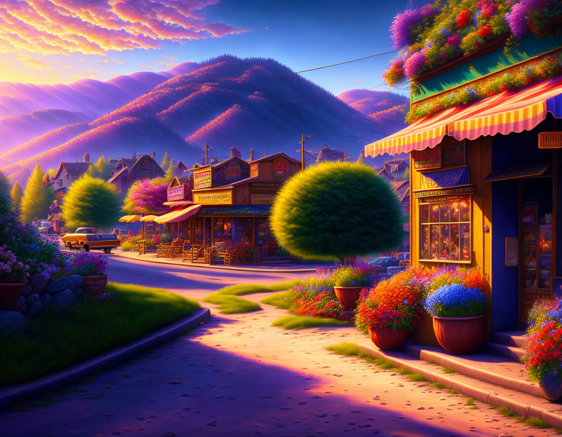 Colorful Sunset Street Scene with Mountain Backdrop