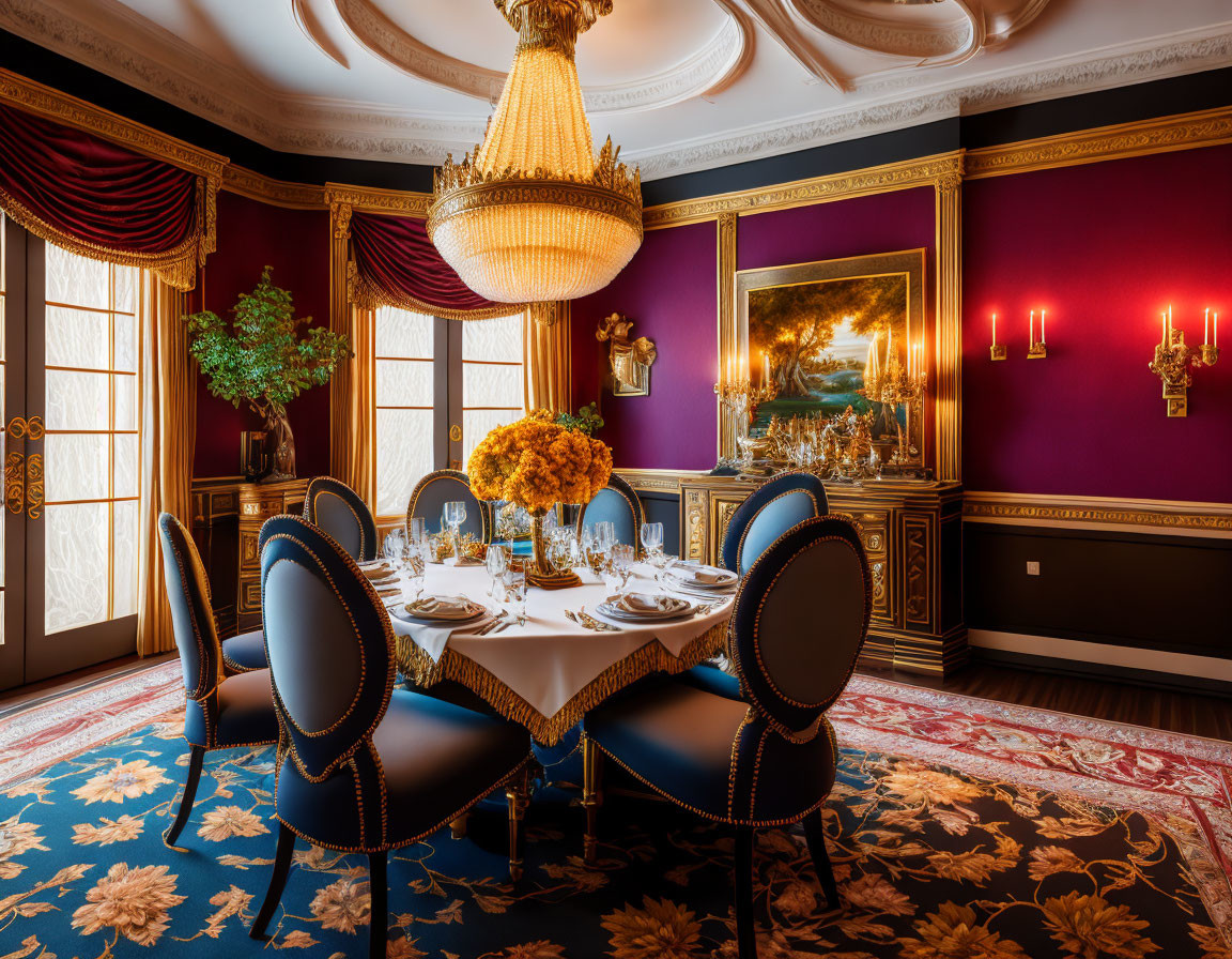 Luxurious Dining Room with Crystal Chandelier and Royal Blue Furniture