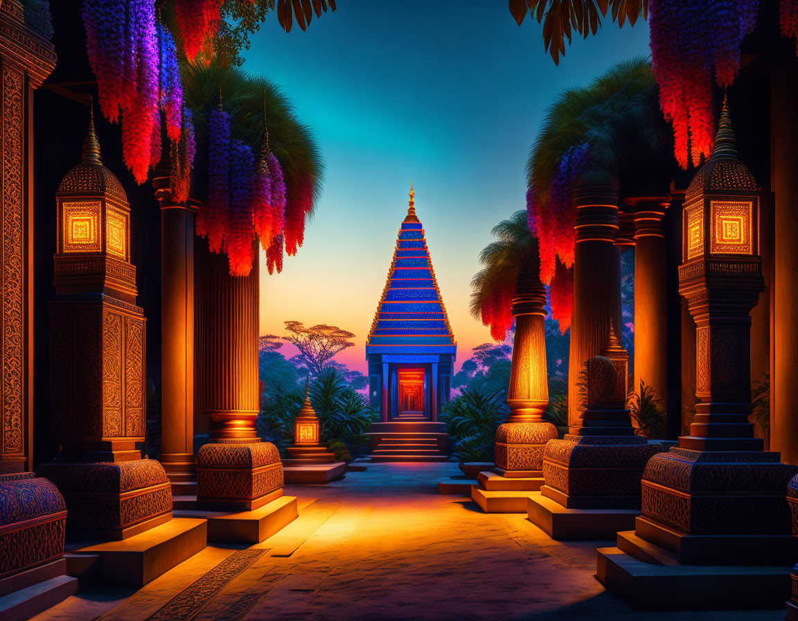 Colorful Twilight Temple with Ornate Pillars and Traditional Architecture