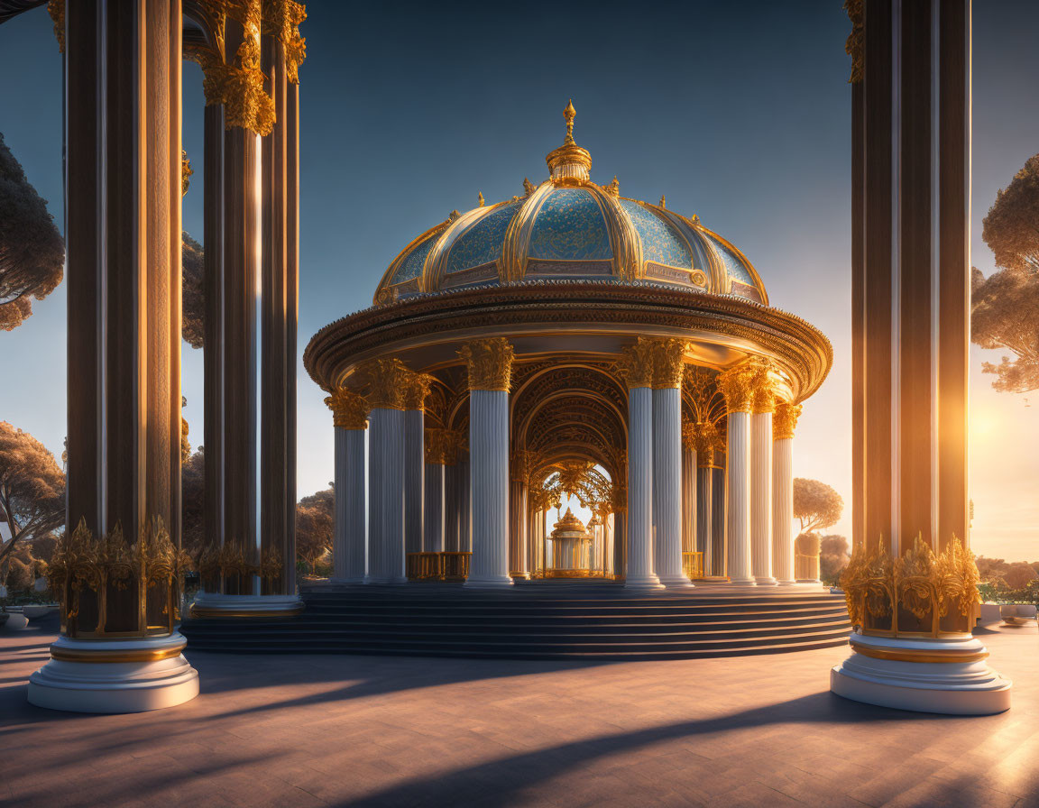 Ornate Pavilion with Golden Accents and Dome in Tranquil Park