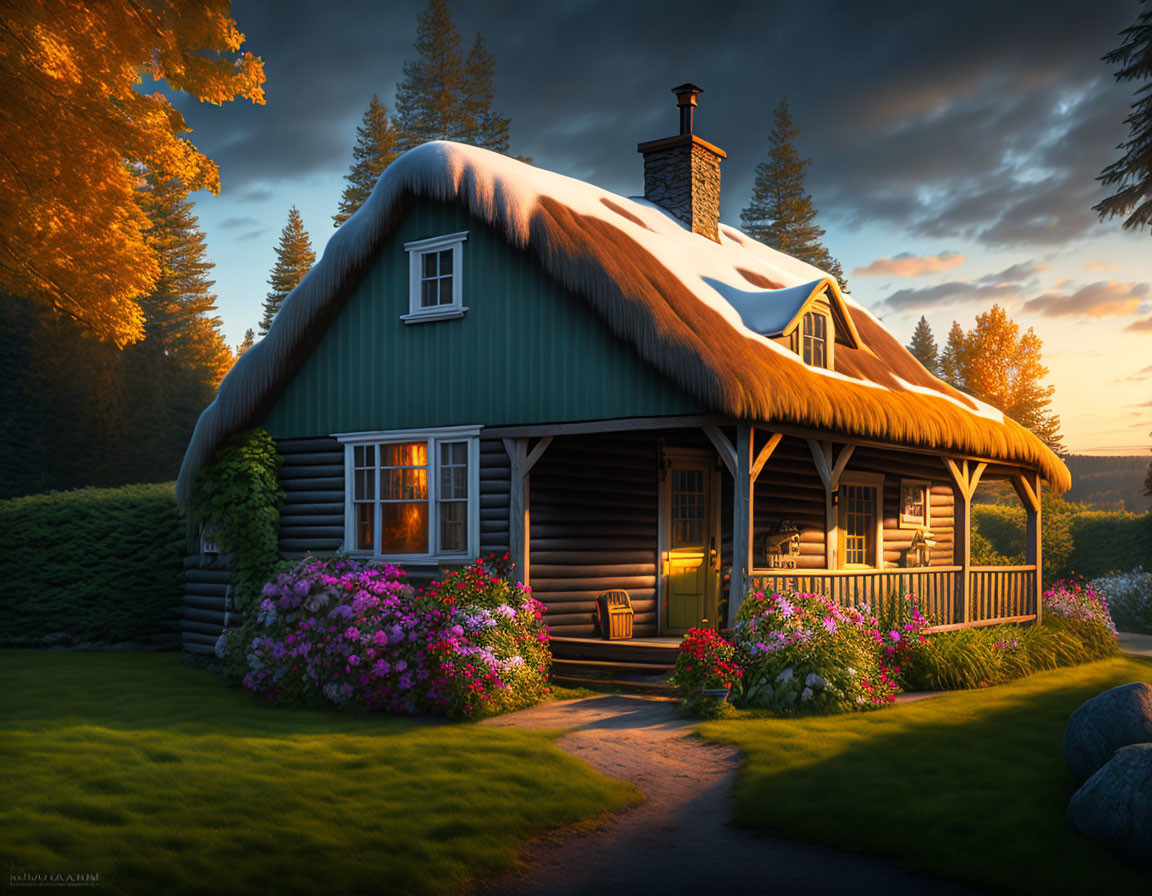 Snow-topped log cabin in a floral sunset scene