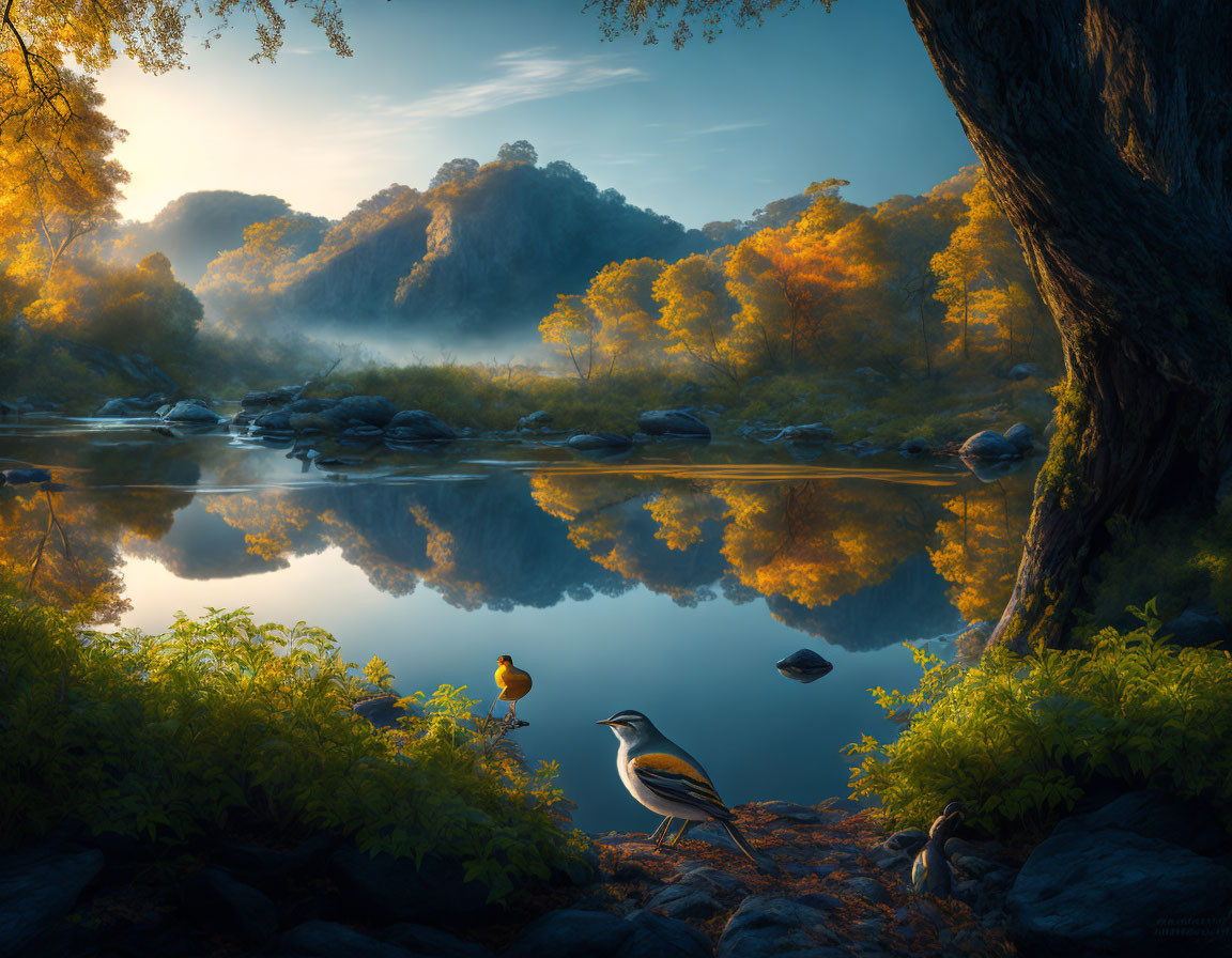 Tranquil autumn river scene with misty mountains and bird on rock