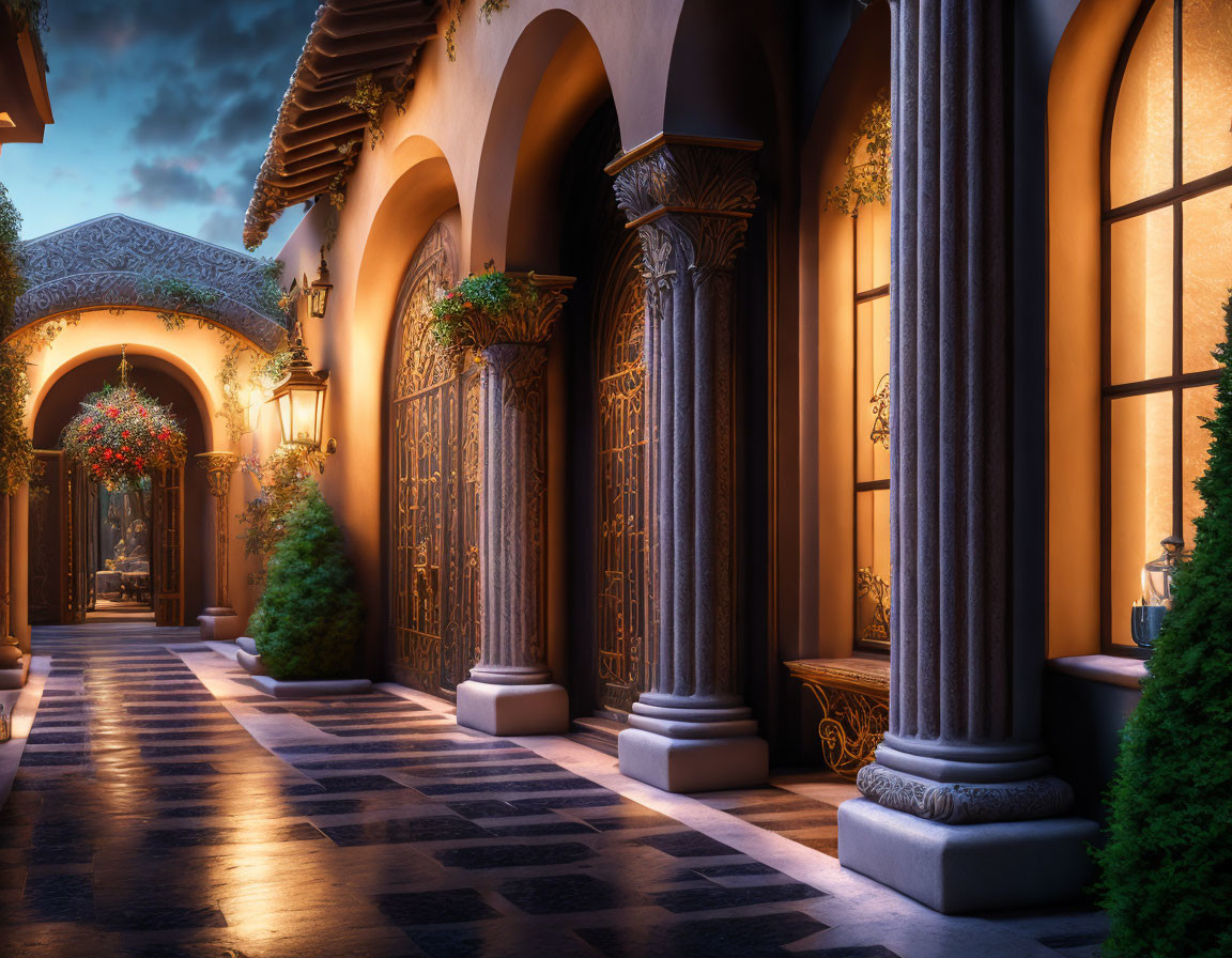 Luxurious Twilight Courtyard with Ornate Columns and Archways