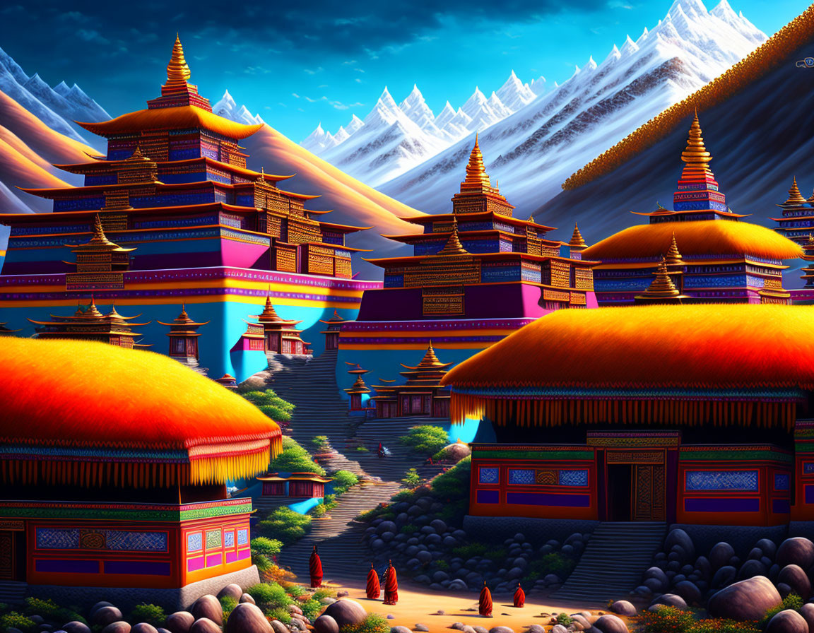 Detailed Tibetan Monastery Illustration with Monks and Snow-Capped Mountains