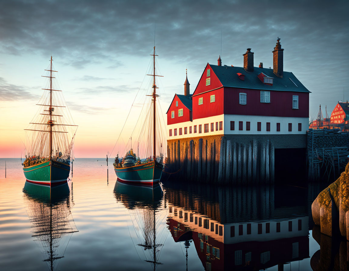 Tranquil sunset harbor scene with sailing ship and red waterfront building