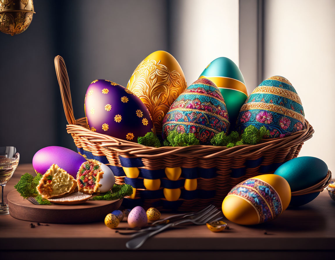 Ornate Easter egg basket and deviled eggs on plate with herbs