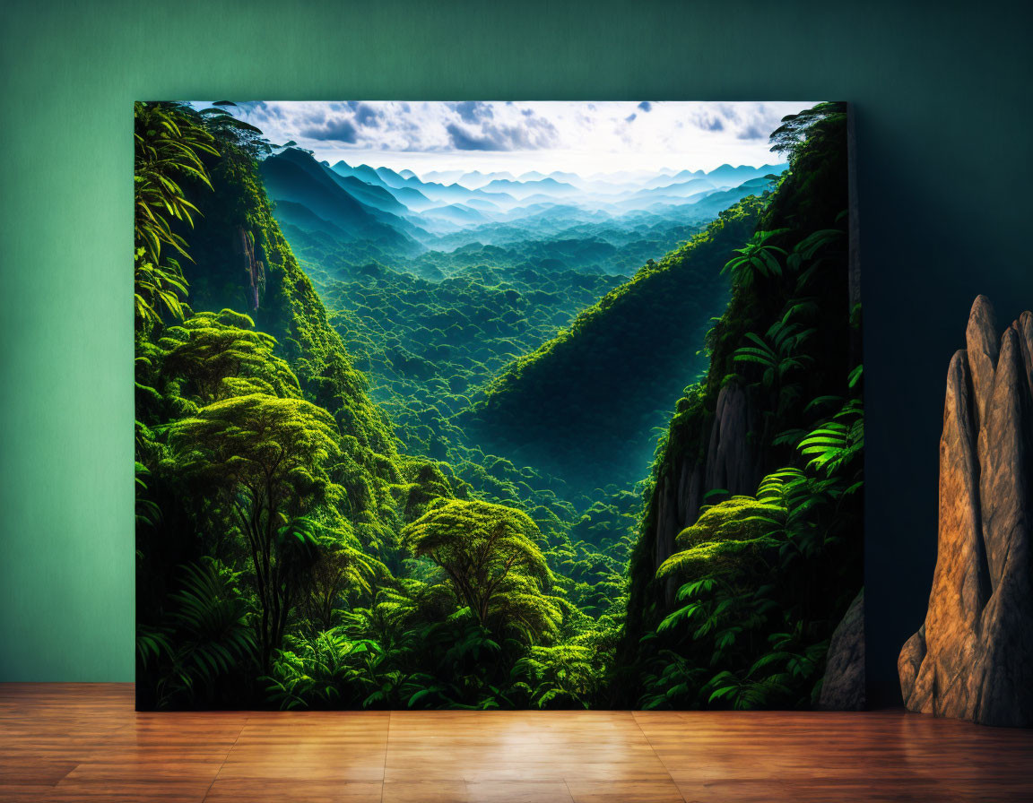 Vibrant green forest and mountains photo on turquoise wall