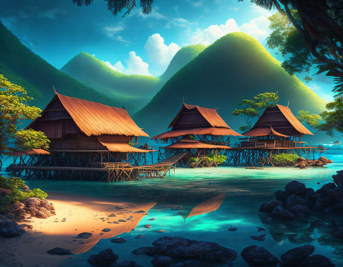 Tropical Thatched Huts Over Clear Blue Water