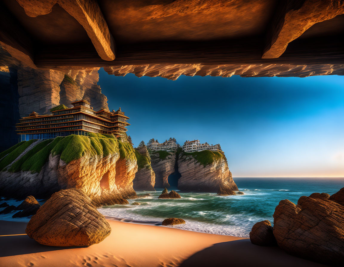 Cliffside temple overlooking sea with warm sunlight.