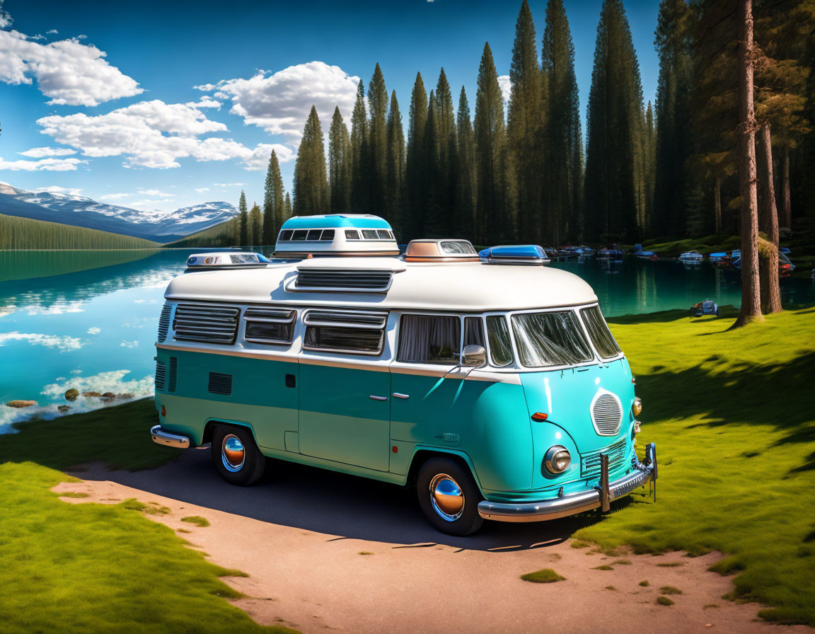 Vintage Blue and White Camper Van by Serene Lake and Pine Trees