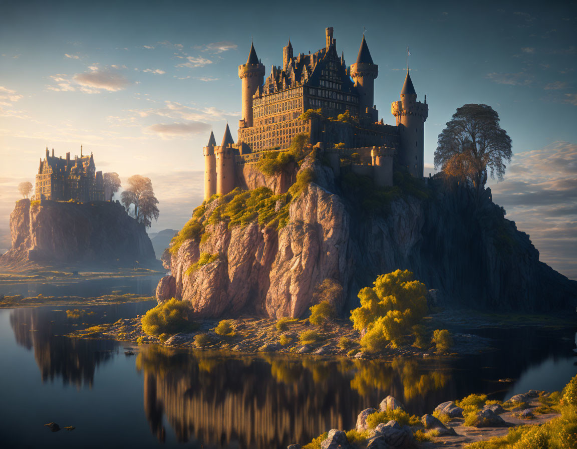 Castle on steep rock surrounded by water, greenery, yellow trees, serene sky at dawn or dusk