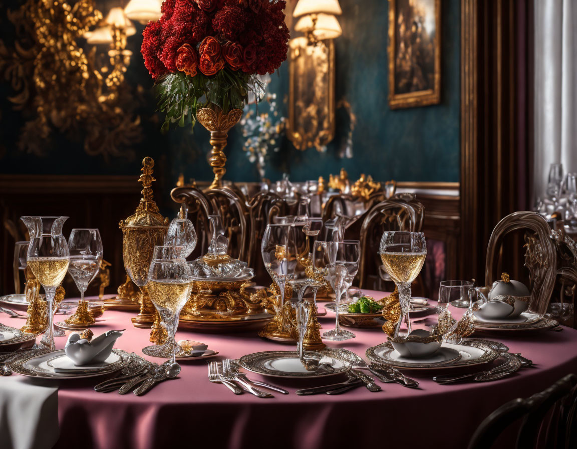 Luxurious Dining Table Set with Golden Dinnerware and Red Flowers