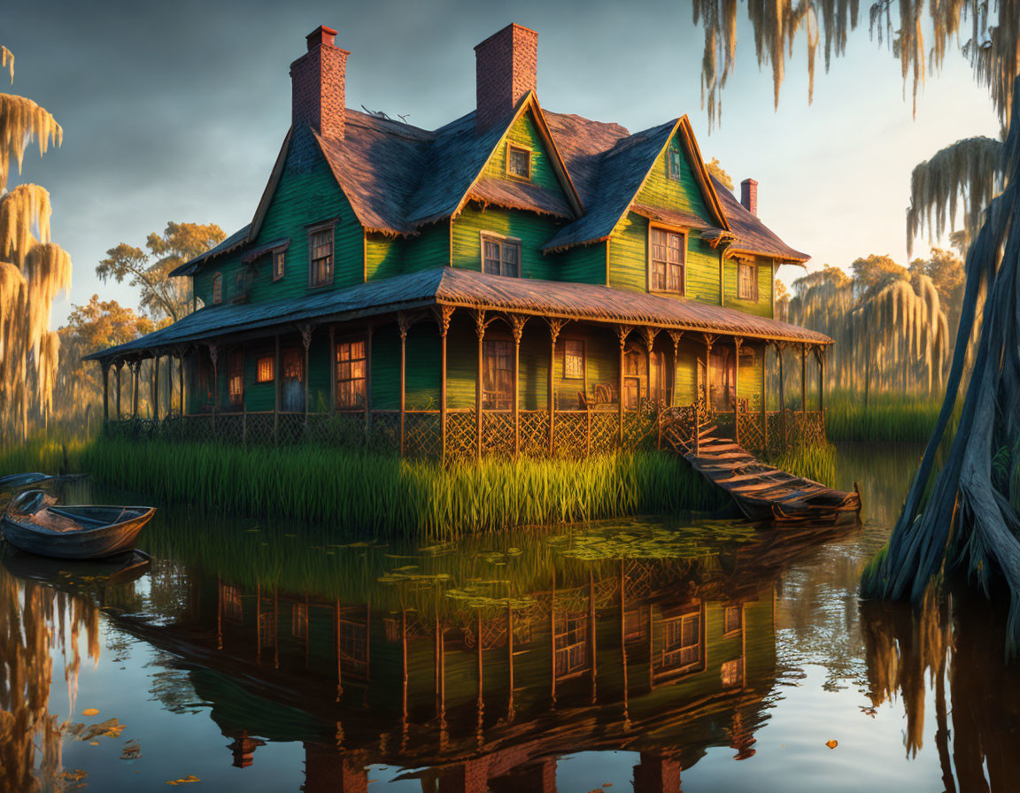 Victorian house in wetlands with green facade, pier, boat, and sunset