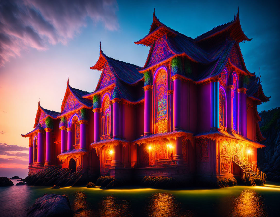 Illuminated fantasy palace on rocky coastline at twilight