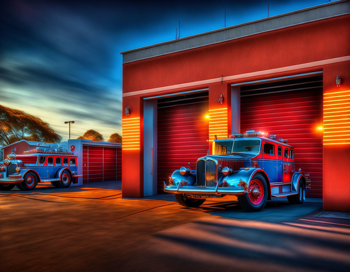 Vintage Fire Trucks Inside Fire Station Garage at Sunset