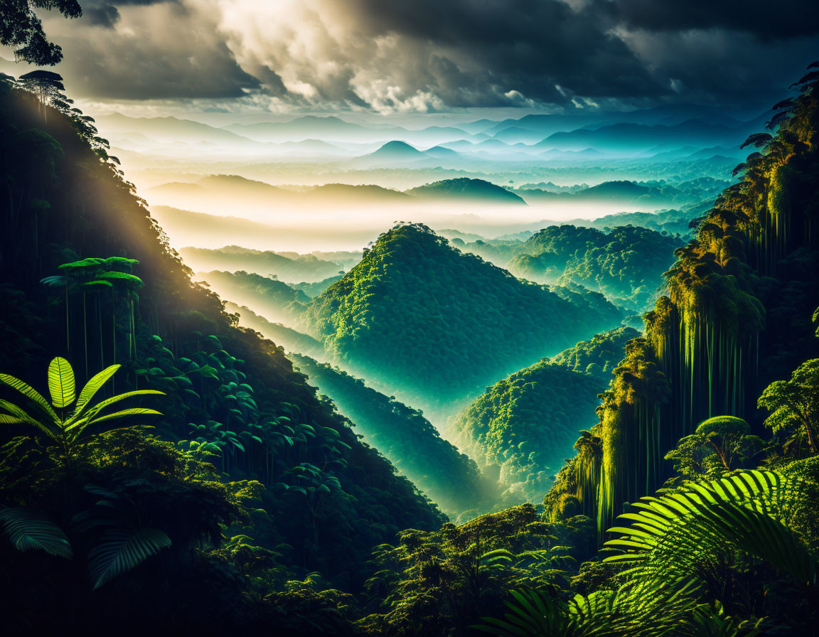 Misty Sunrise Over Lush Jungle with Towering Trees