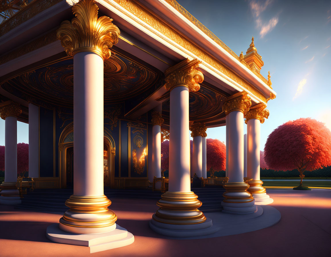 Golden columns and intricate ceilings in ornate building with pink trees at sunset