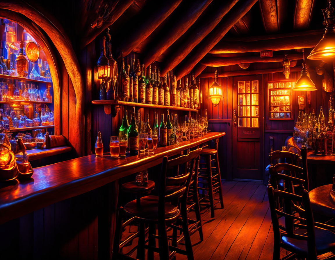 Warmly lit wooden pub interior with polished bar counter and stools, lined with bottles, creating a classic