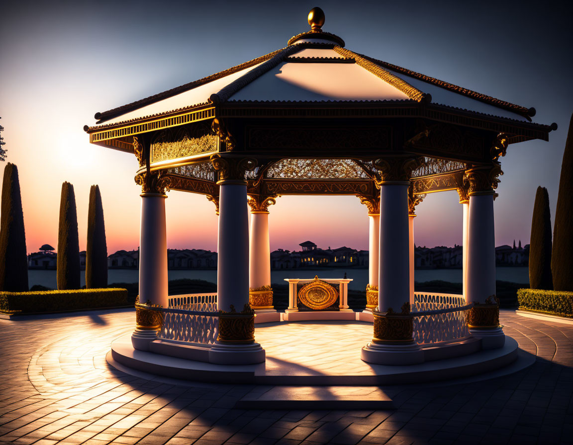 Twilight scene with ornate golden-accented gazebo and sunset glow