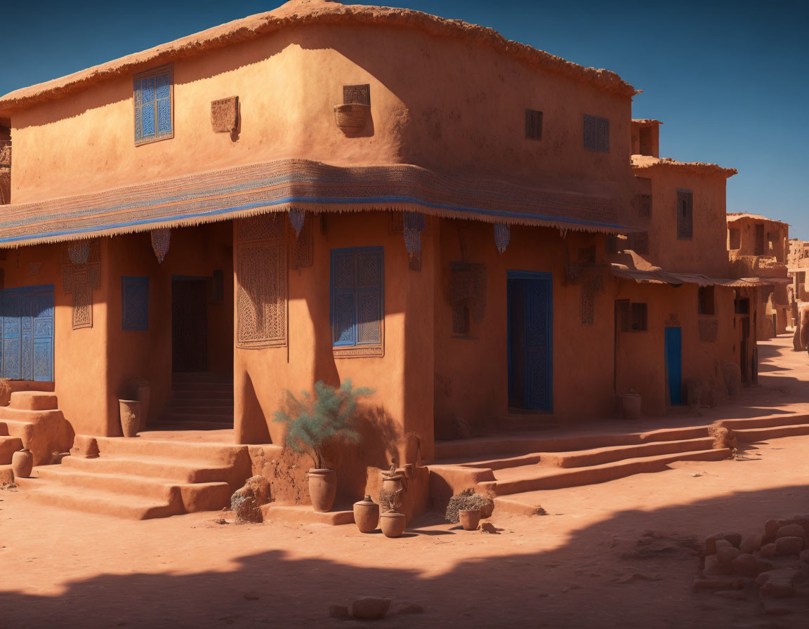 Earthen clay buildings with blue doors and windows in desert landscape