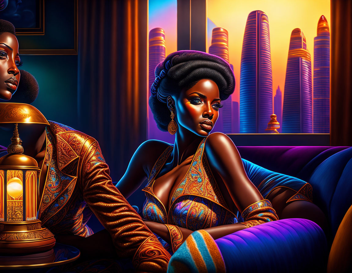 Digital Artwork: Stylized Afrocentric Women in Vibrant Attire with Futuristic City