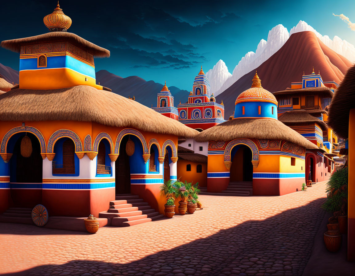 Colorful digital artwork: Stylized village with thatched-roof buildings and blue decorative patterns against