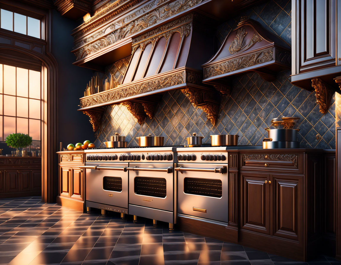 Vintage-style stove and ornate dark wood cabinets in luxurious kitchen