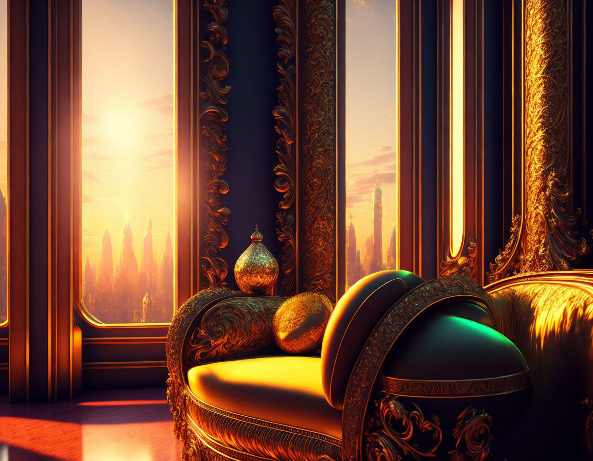 Luxurious Sunset Room with Golden Ornate Framing and City Skyline View