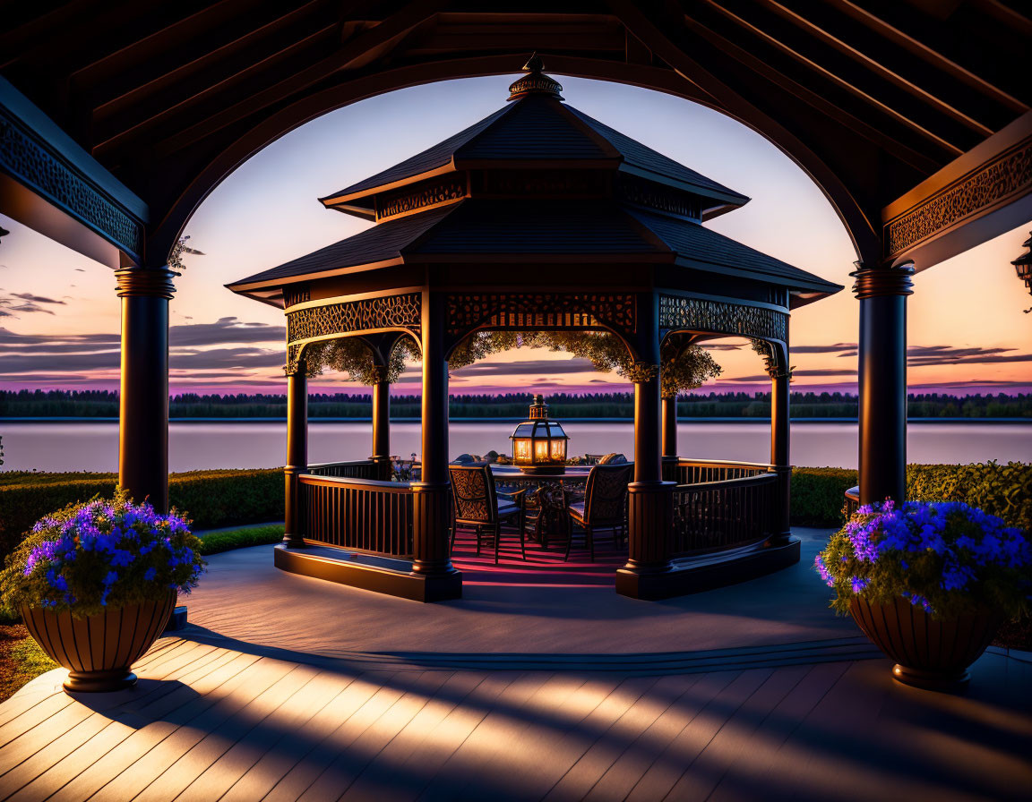 Tranquil twilight lake scene with wooden gazebo, benches, lantern, and purple flowers