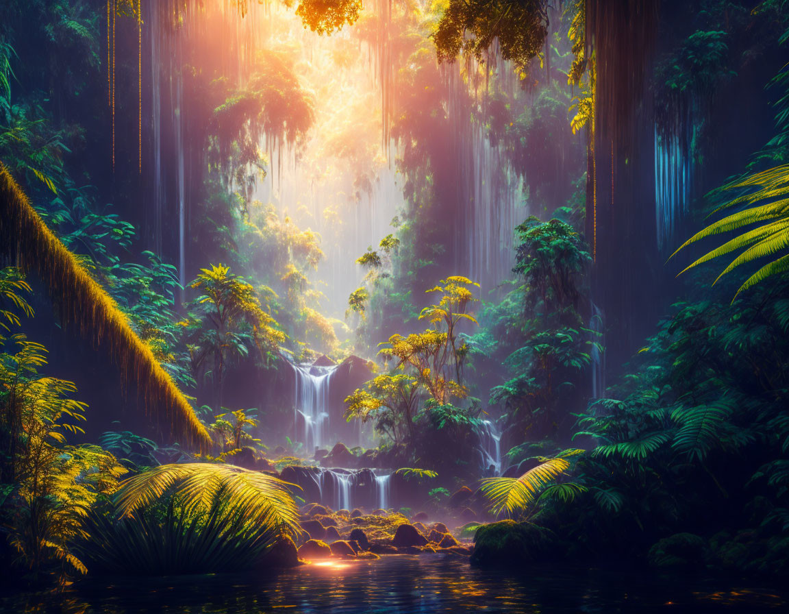 Tranquil waterfall in misty tropical rainforest