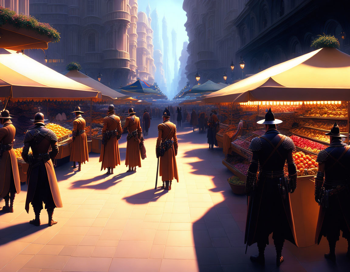 Cloaked Figures in Futuristic Market with Colorful Stalls