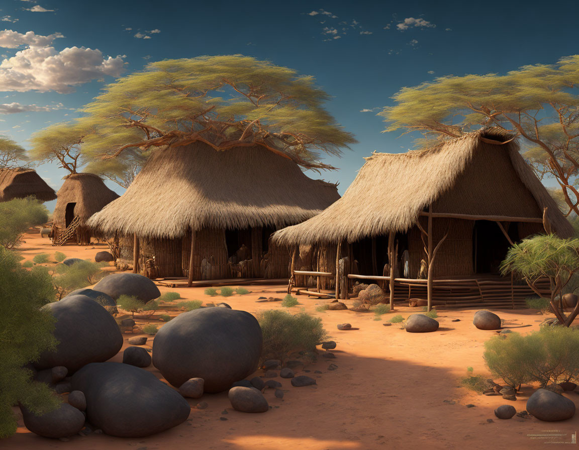 Tranquil desert landscape with thatched-roof huts and scattered rocks