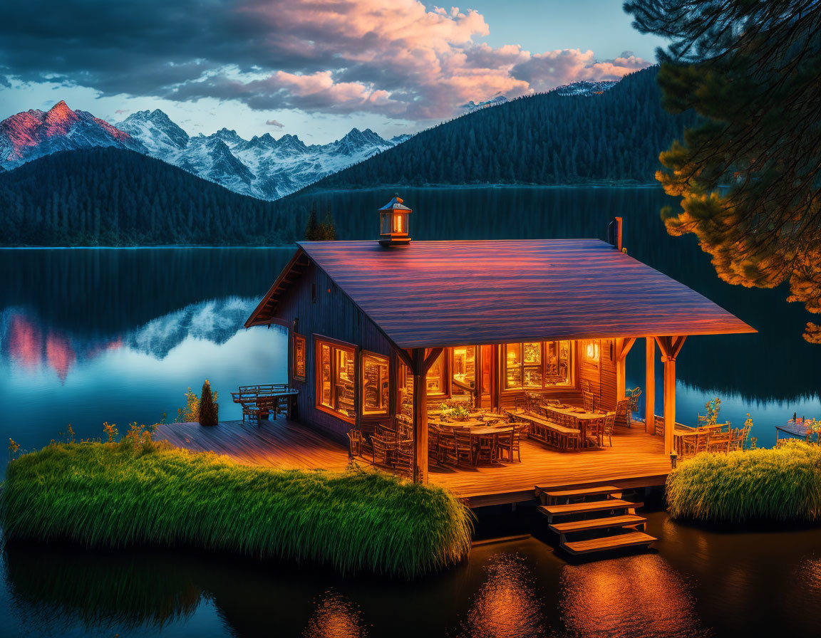 Serene Lakeside Cabin Dusk Scene with Glowing Lights