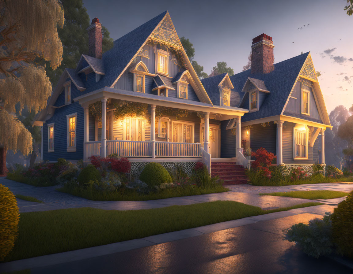 Twilight view of cozy blue Victorian house with front porch, garden, and pathway