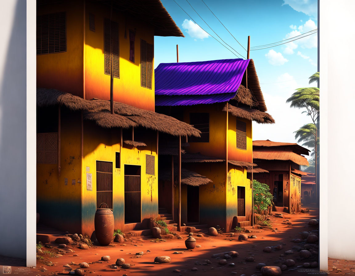 Yellow two-story buildings with straw roofs in serene village setting.