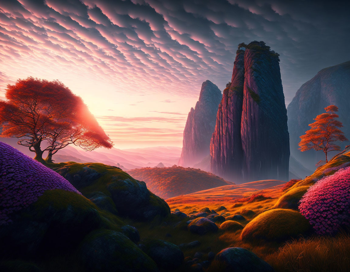 Colorful sunset sky over lush fantasy landscape with towering rock formations