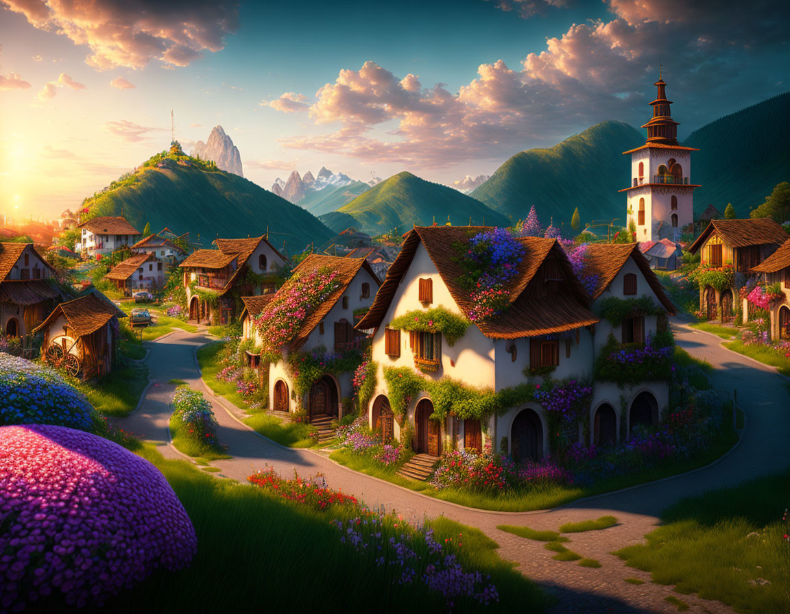 Scenic village with greenery, flowers, church tower, and mountains at sunset.