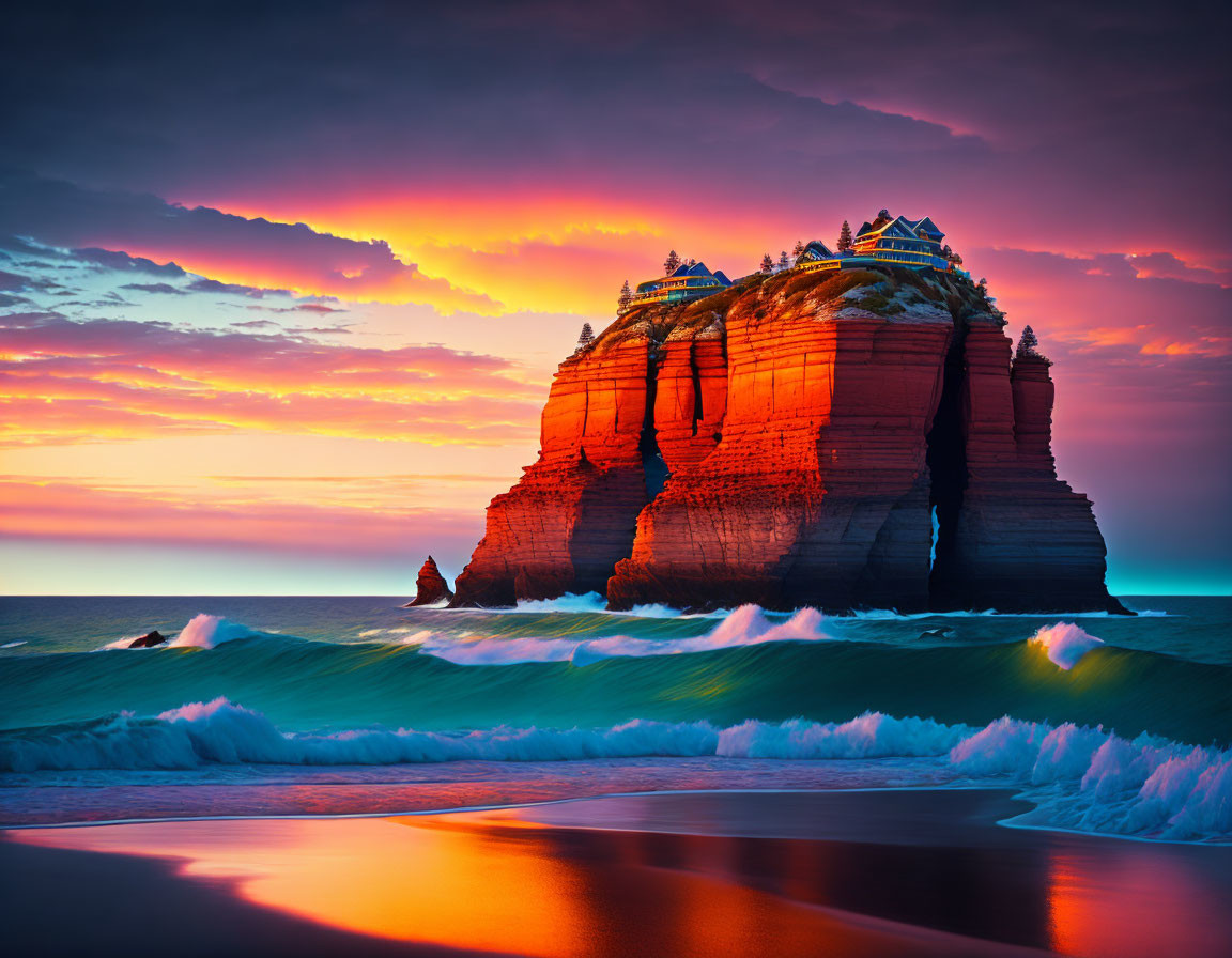 Majestic rock formation in sea at vibrant sunset with crashing waves