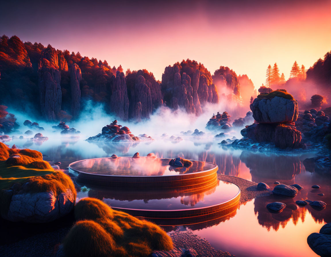 Tranquil sunrise landscape with wooden walkway over misty waters