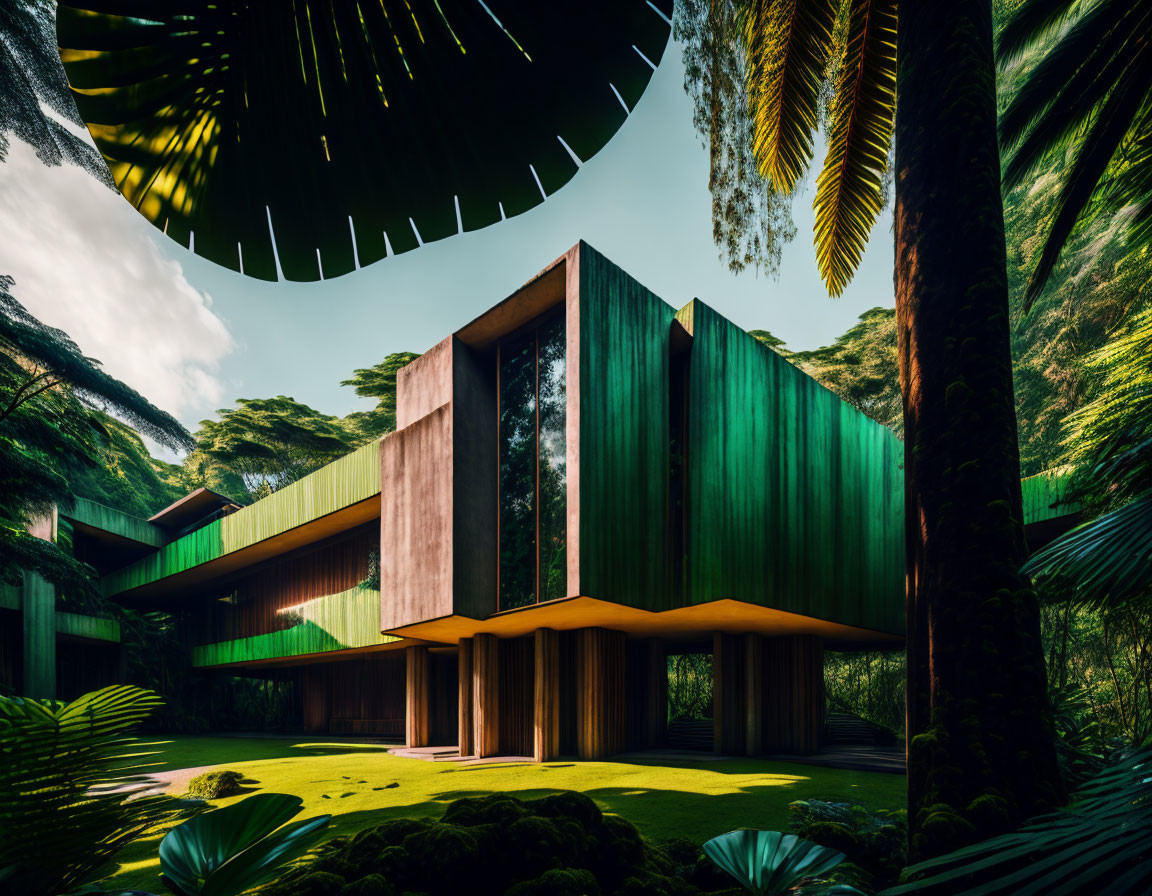 Contemporary House with Green Vertical Slats in Forest Setting