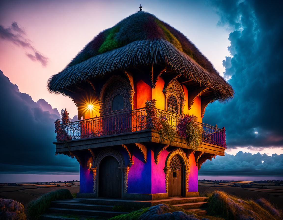 Thatched Cottage with Balcony Twilight Scene