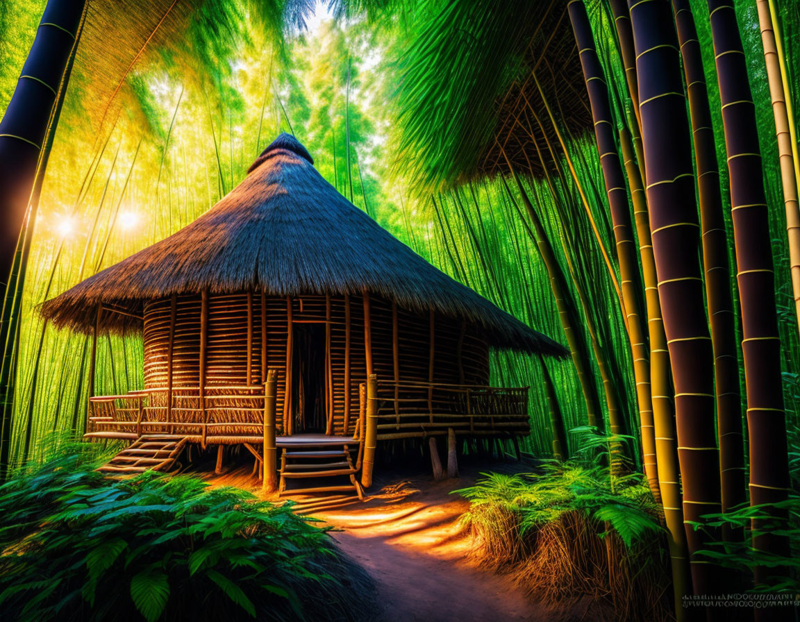 Traditional Thatched-Roof Hut in Lush Bamboo Forest