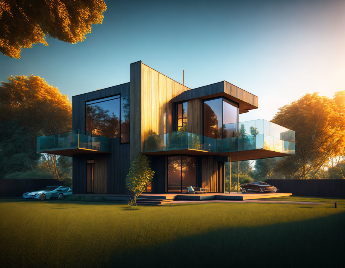 Contemporary house with large windows, balconies, trees, and luxury car at dusk