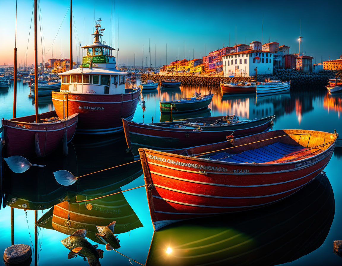 Vibrant boats on calm water with cityscape and lighthouse at dusk